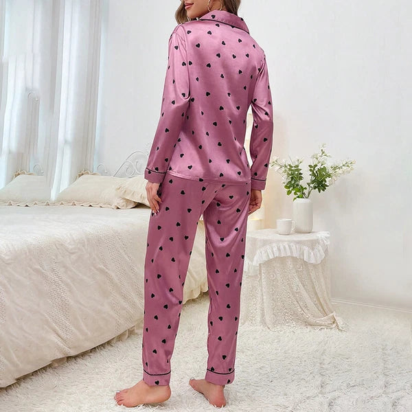 Women Silk Satin Pajamas Set Long Sleeve Button-Down Sleepwear Loungewear Charm