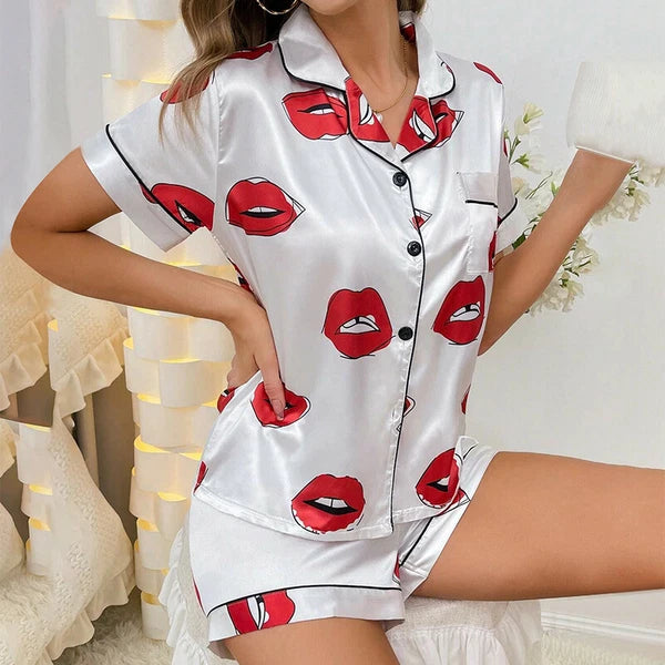Women's Short Sleeve Silk Pajamas Set Print Satin Sleepwear Homewear Nightwear