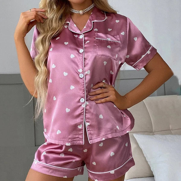 Women's Short Sleeve Silk Pajamas Set Print Satin Sleepwear Homewear Nightwear