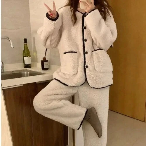 2 Pieces /Sets Winter Pajamas  Flannel Coral Long Sleeve  Suit Kawaii Velvet