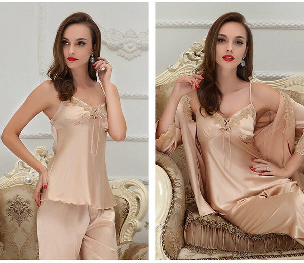 luxury silk cloth embroidery Women Sexy Sleepwear nightgown Ladies pajamas set