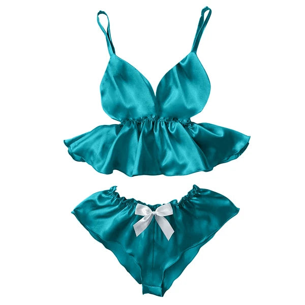 Women Sexy V-Neck Lace Sleepwear Satin Camisole Bowknot Shorts Pajamas 2Sets