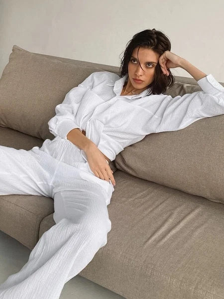 2023 Women's pajamas cotton long sleeved 2-piece pajama casual pants set