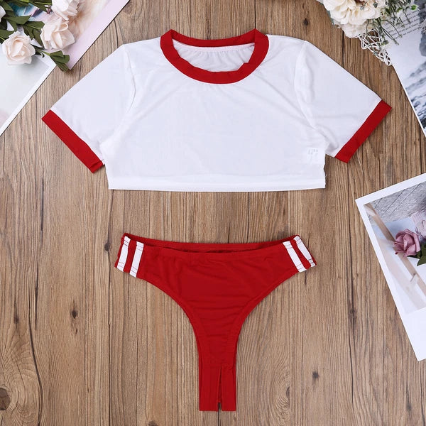 Women Naughty Schoolgirls Lingerie Set Crop Top with Crotchless Briefs AU