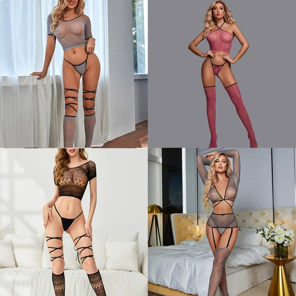 Womens Lingerie Rave Nightwear Sexy 3 Piece Mesh Stockings Babydoll T-Back Set