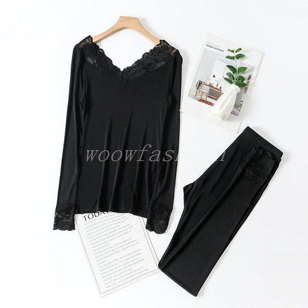 Women Knit Silk Pajama  Long Johns Set Lace V Neck Thermal Nightwear Pajama Set