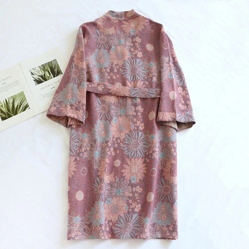 Women's Printed Cotton Loose Fitting Bathrobe Tie Up Sweat Steaming Robes