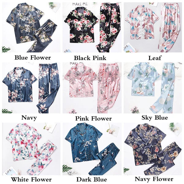 Women's Silk Satin Pajamas Set Short Sleeve Print Sleepwear Nightwear Pyjamas PJ