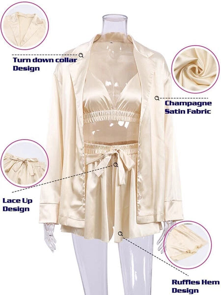 2023 Bathrobe set, women's 3-piece set, pleated robe, women's pajama set
