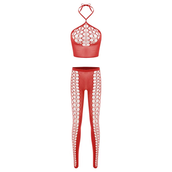Womens Hollow Out Translucent Lingerie Set Stretchy Fishnet Solid Color Tights