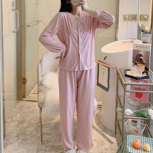 Pajama Sets Solid Lace V-neck Women Sweet Cute Kawaii Casual Long Sleeve  Loose