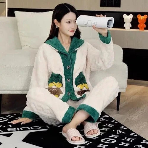 Coral Fleece Pajama Sets Women Single Breasted Turn-down Collar  Elastic Waist