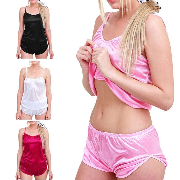 Womens Silk Satin Pajamas Set Sexy-Lingerie Sleepwear Babydoll Nightwear Pjs Set