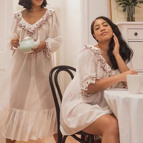 Vintage Women Sleepwear LadiesStrawberry Embroidery Lace  Semitransparent Dress