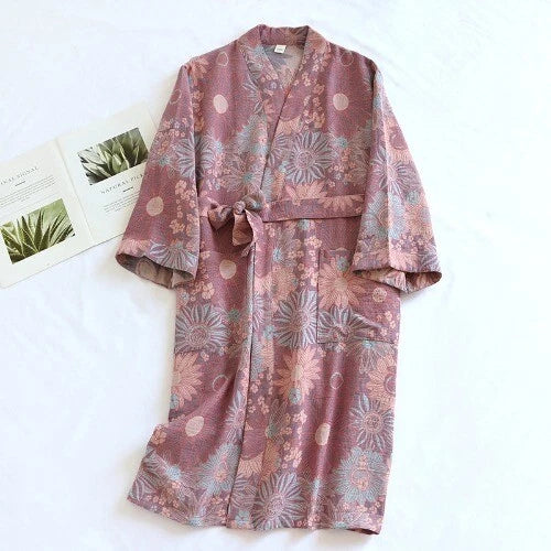 Women's Printed Cotton Loose Fitting Bathrobe Tie Up Sweat Steaming Robes