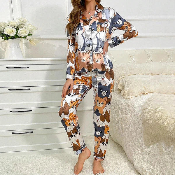 Women Silk Satin Pajamas Set Long Sleeve Button-Down Sleepwear Loungewear Charm