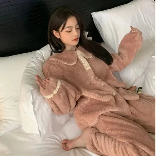 2 Pieces /Sets Winter Pajamas  Flannel Coral Long Sleeve  Suit Kawaii Velvet