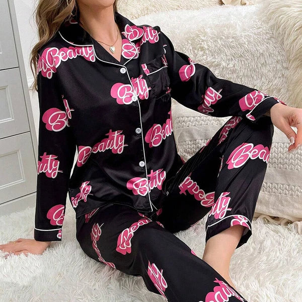 Women Silk Satin Pajamas Set Long Sleeve Button-Down Sleepwear Loungewear Charm
