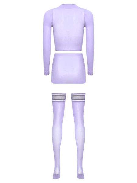 Womens Crop Top And Skirt With Stockings Round Neck Nightwear Tempting Glossy