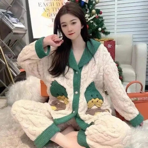 Coral Fleece Pajama Sets Women Single Breasted Turn-down Collar  Elastic Waist