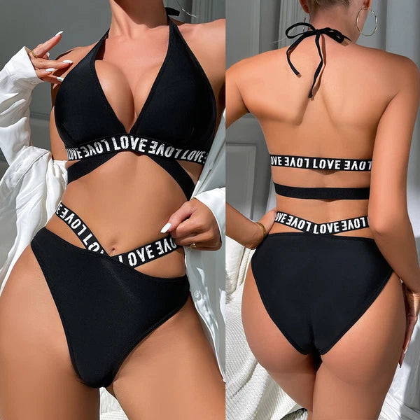 Women Sexy Lingerie Letter Print Belted Bra and Panty 2 Piece Pajamas Set Outfit