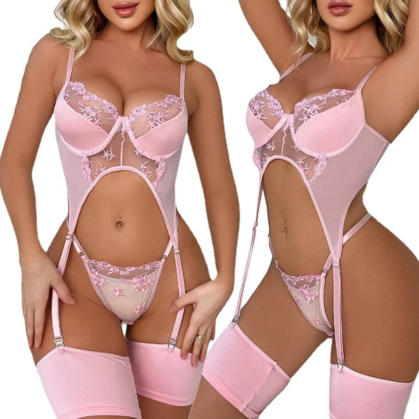 Pink-Women-Sexy-Lingerie-Sleepwear-Lace-Panties-Underwear-Nightwear-Babydoll-Set