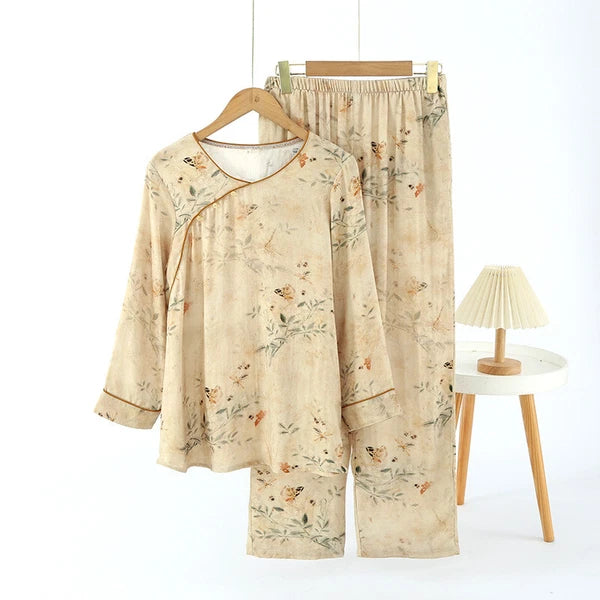 Chinese style Women's Bamboo Fiber Hanfu Summer Long Sleeved Topa & Pants Set