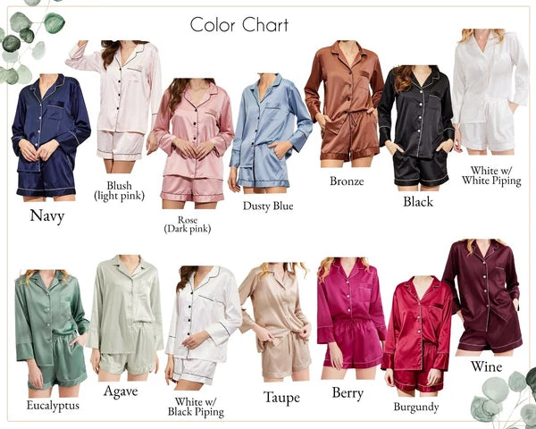 Satin Pajama Set 2 Piece Long Sleeve & Shorts Bridal Party Sleepwear