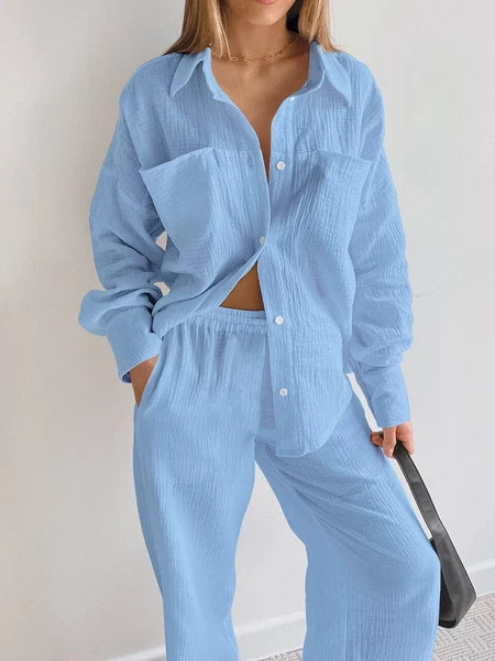 2023 Women's pajamas cotton long sleeved 2-piece pajama casual pants set
