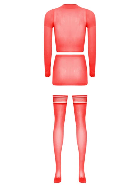 Womens Crop Top And Skirt With Stockings Round Neck Nightwear Tempting Glossy