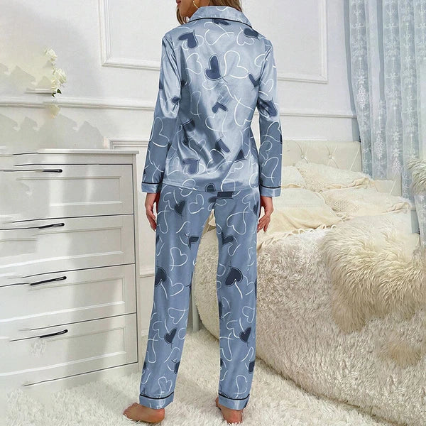 Women Silk Satin Pajamas Set Long Sleeve Button-Down Sleepwear Loungewear Charm