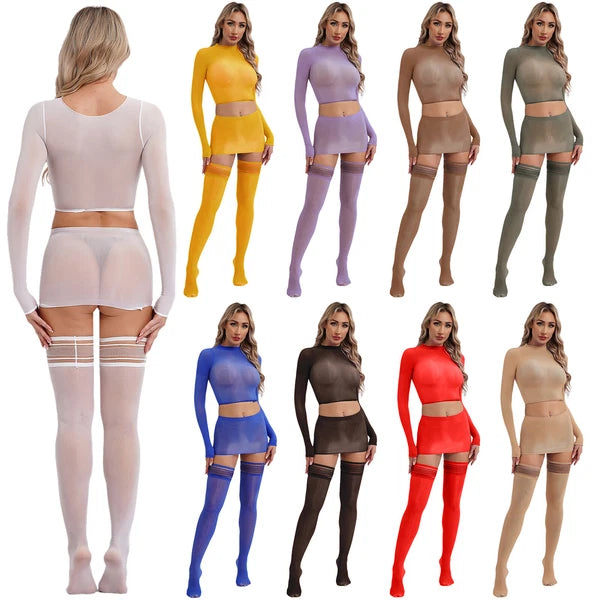 Womens Crop Top And Skirt With Stockings Round Neck Nightwear Tempting Glossy