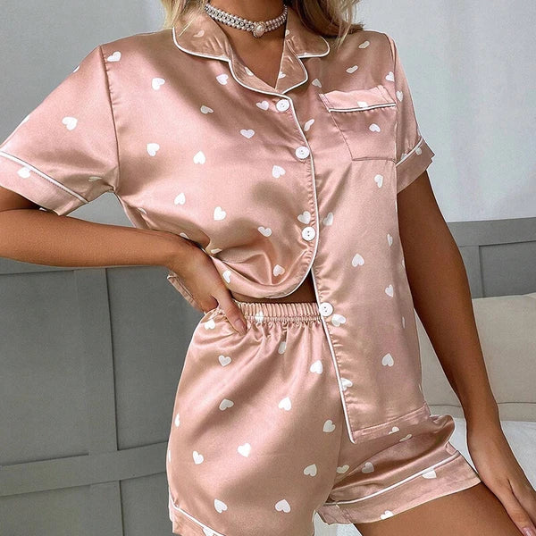 Women's Short Sleeve Silk Pajamas Set Print Satin Sleepwear Homewear Nightwear