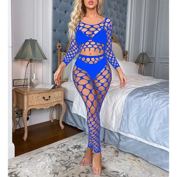 Womens Lingerie Sets Hollow Out See-Through Fishnet Nightwear Crop Top Leggings