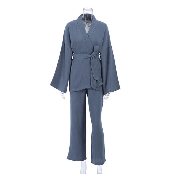 100% cotton women's nightgown pajamas set flared pajamas trousers set 2pcs