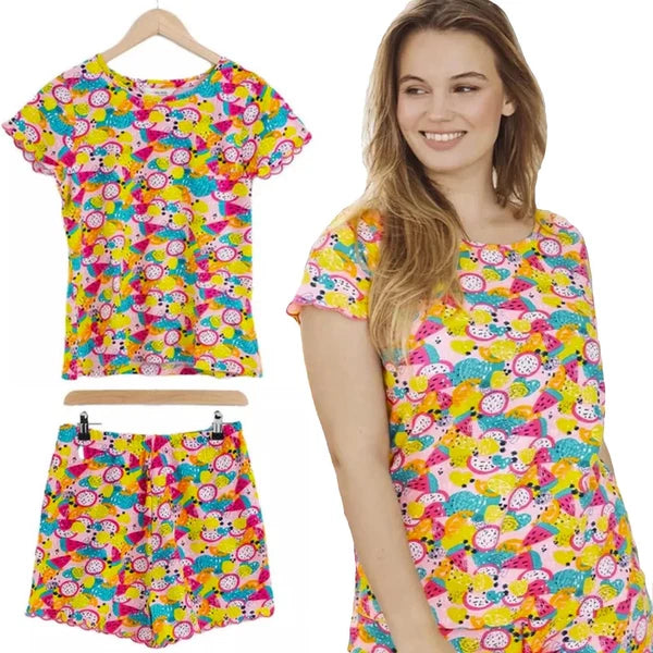Ladies Pyjama Set PJS Short Sleeve Cotton Fruits Printed PJ Nightwear S to XL