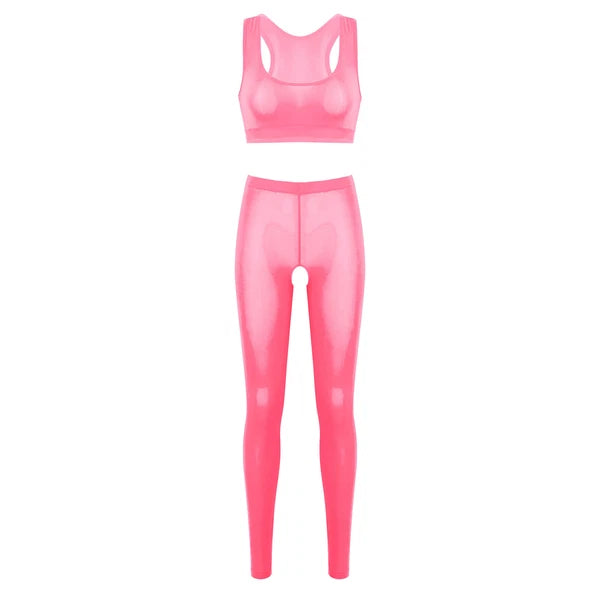 Women 2pcs Lingerie Set Sleeveless Crop Top High Waist Crotchless Leggings Pants