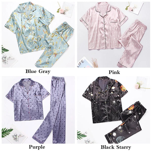 Women's Silk Satin Pajamas Set Short Sleeve Print Sleepwear Nightwear Pyjamas PJ