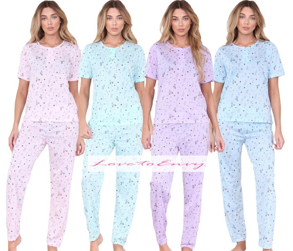 PJ Set Ladies Short Sleeve Flower Print Pyjama Set Cotton Blend Womens Nightwear