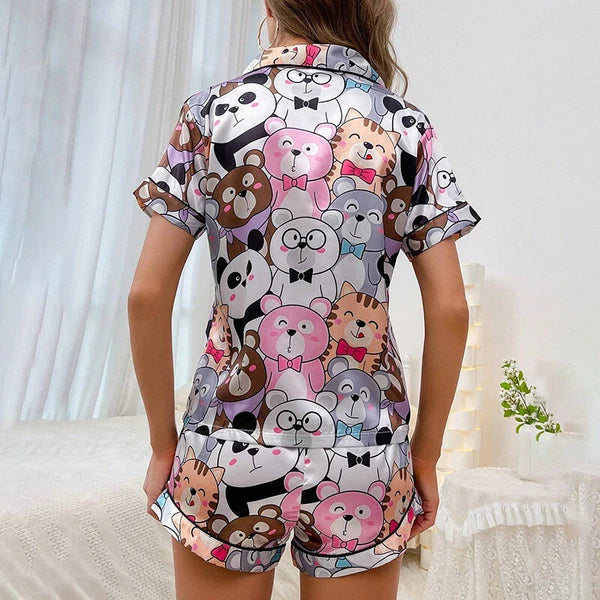Women's Short Sleeve Silk Pajamas Set Print Satin Sleepwear Homewear Nightwear