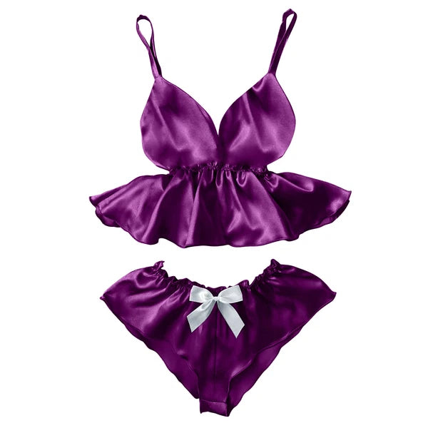 Women Sexy V-Neck Lace Sleepwear Satin Camisole Bowknot Shorts Pajamas 2Sets