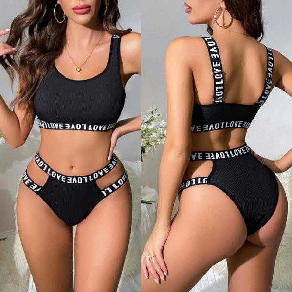 Women Sexy Lingerie Letter Print Belted Bra and Panty 2 Piece Pajamas Set Outfit