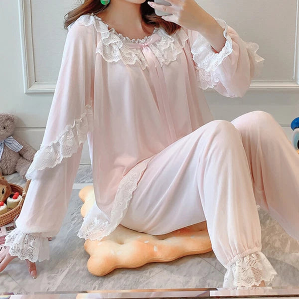 Women Girl Lace Mesh Pajamas Sets Nightie Ruffle Babydoll Lolita Sleepwear Sweet