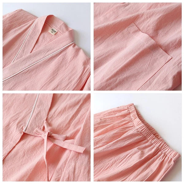 Women 100% Cotton Pajamas Japanese Kimono Robe Top+Pants Sleepwear Nightgown Set