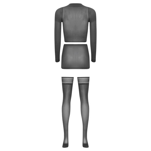 Womens Crop Top And Skirt With Stockings Round Neck Nightwear Tempting Glossy