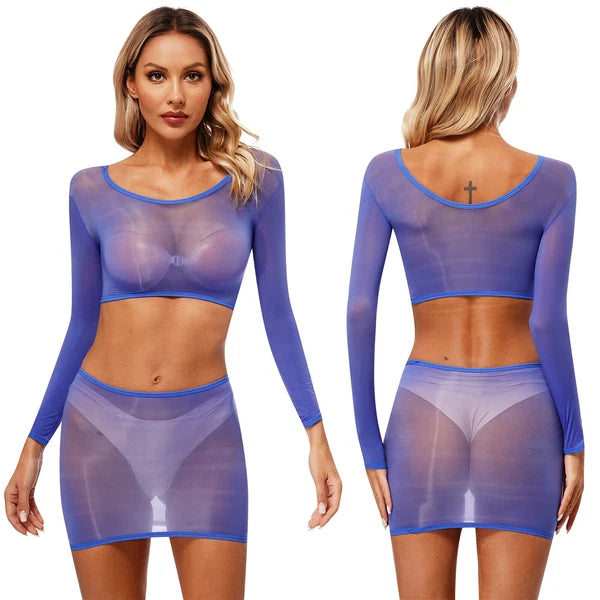 Womens Nightwear Long Sleeve Clubwear Bodycon Outfits Nylon Pajamas Sexy Mini