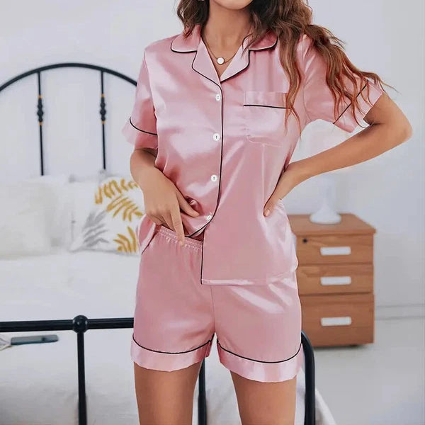 Women Silk Satin Pajamas Set Short Sleeve Button-down Sleepwear Nightwear Charm