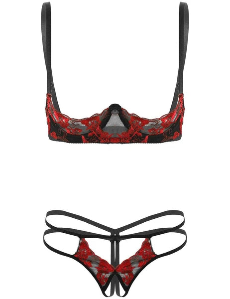 Women Bare Breasts Bra Set Open Crotch G-string Panties Underwire Nightwear