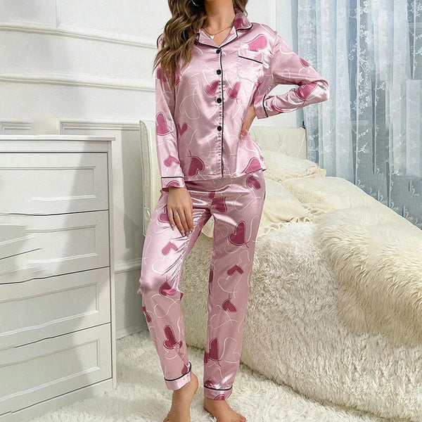 Women Silk Satin Pajamas Set Long Sleeve Button-Down Sleepwear Loungewear Charm