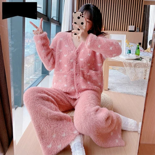 Velvet Sleepwear Winter Warm Pajamas Ladies Cardigan Pijamas Trousers Homewear